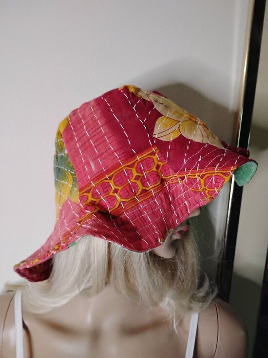 Kantha Sun Hat Mint Green Tropical Print M-L Reversible Handmade Beach KS18.